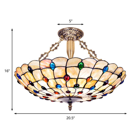 Stained Glass Vintage Bowl Ceiling Light With 4 Heads In Beige