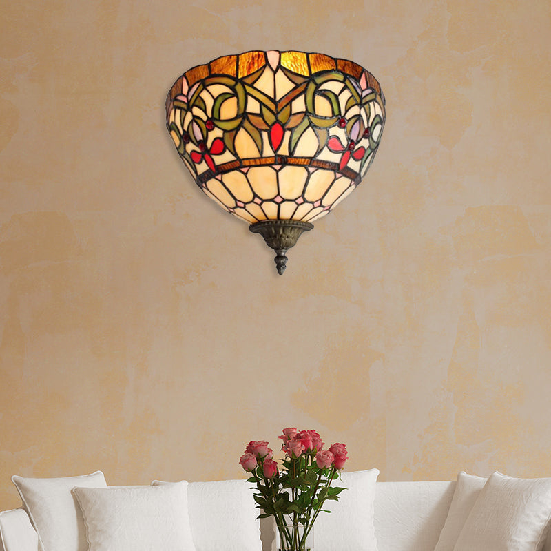Stained Glass Wall Sconce With Rustic Bowl Design - Multi-Colored 1 Bulb Lighting For Staircases
