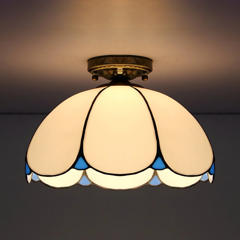 Scalloped Vintage Stained Glass Flush Mount Light - 1 In White/Beige/Blue Perfect For Living Room