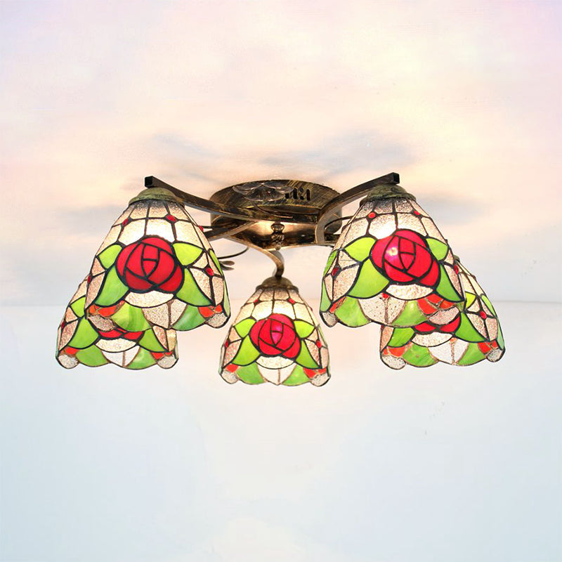 Lodge Style Stained Glass Rose Semi Flushmount With 5 Heads For Living Room - Clear/White Flush