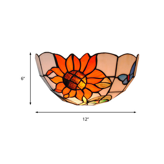 Rustic Loft Art Glass Wall Sconce With Sunflower And Butterfly Pattern - Bedroom Lighting
