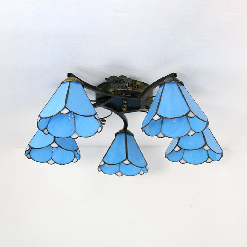 Blue Glass Cone Ceiling Light - Tiffany Style Semi Flush With Flower Design Ideal For Living Room