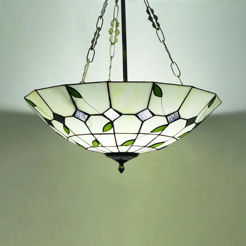 Retro Style Stained Glass Chandelier - 12’/16’/19.5’ W Bowl Shade Ceiling Pendant With Leaf