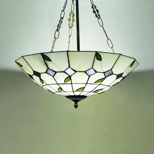Retro Style Stained Glass Chandelier - 12’/16’/19.5’ W Bowl Shade Ceiling Pendant With Leaf