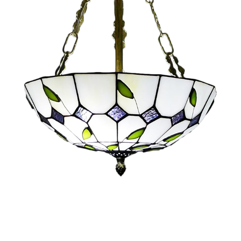 Retro Style Stained Glass Chandelier - 12’/16’/19.5’ W Bowl Shade Ceiling Pendant With Leaf