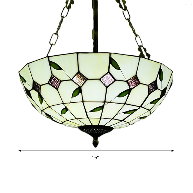 Retro Style Stained Glass Chandelier - 12’/16’/19.5’ W Bowl Shade Ceiling Pendant With Leaf