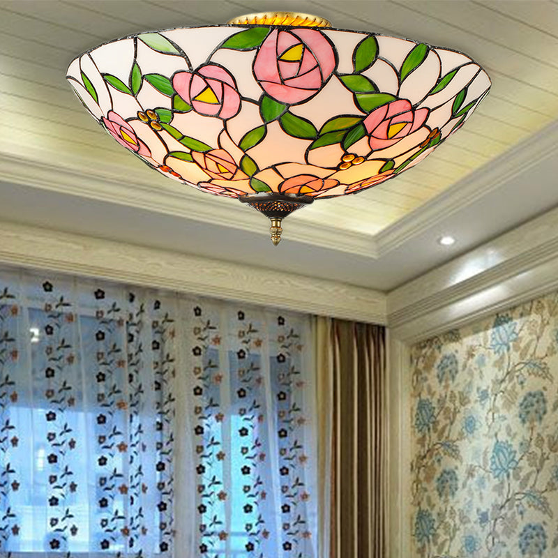 Vintage Tiffany Stained Glass Flush Ceiling Light With Pink And Green Bowl Design 5 / Pink - Green