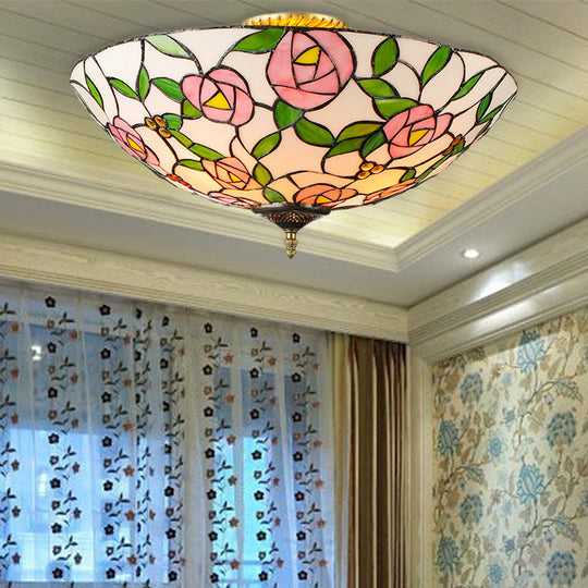 Vintage Tiffany Stained Glass Flush Ceiling Light With Pink And Green Bowl Design 5 / Pink - Green