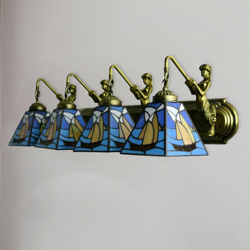 Blue Stained Glass Sconce Light: Mediterranean Sailboat Design With 4 Heads