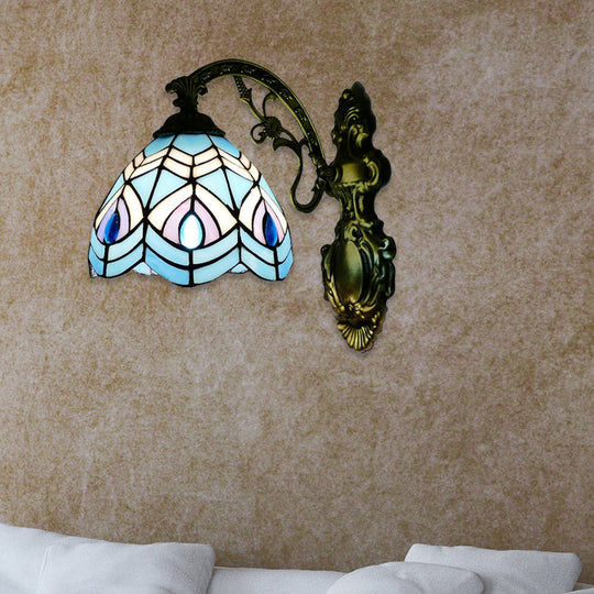 Tiffany-Style Peacock Wall Sconce With Stained Glass For Bedroom Lighting Blue