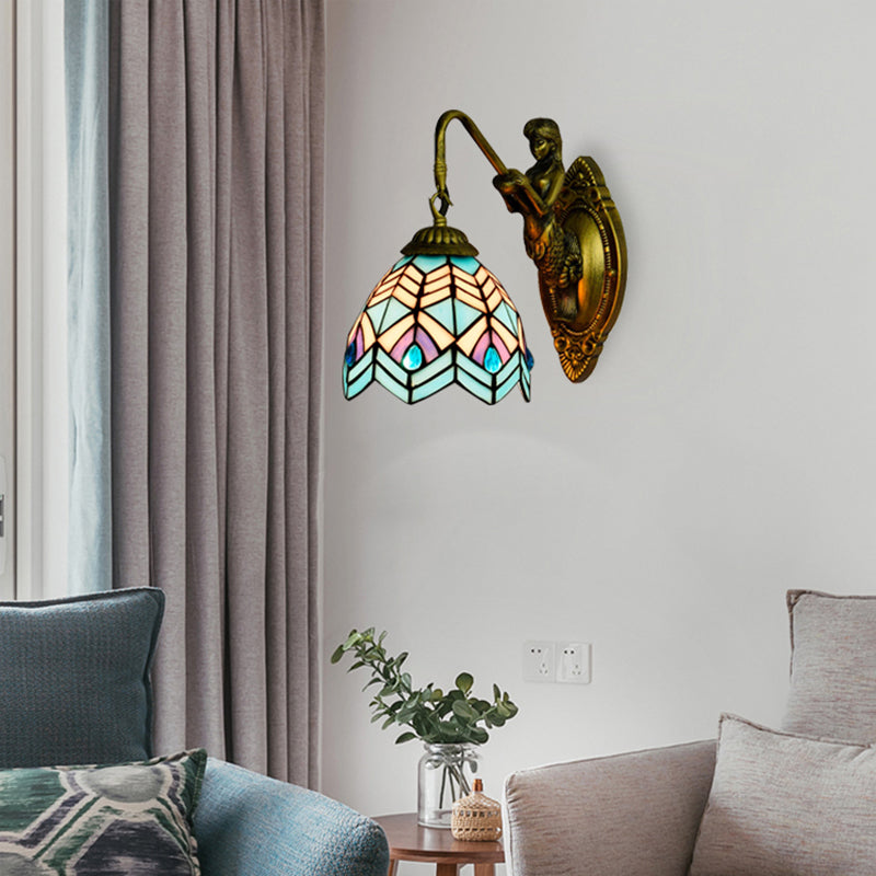 Tiffany Stained Glass Peacock Tail Sconce Light - Multicolor 1 Head Antique Brass