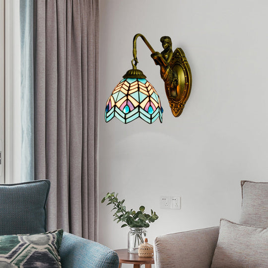 Tiffany Stained Glass Peacock Tail Sconce Light - Multicolor 1 Head Antique Brass