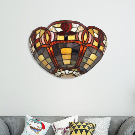 Rustic Tiffany Art Glass Bowl Wall Sconce Lamp - Corridor Lighting Red Brown Shade
