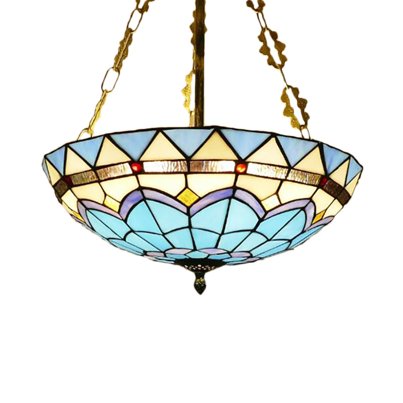 Blue Stained Glass Semi Flush Ceiling Fixture - Retro Style For Coffee Shop