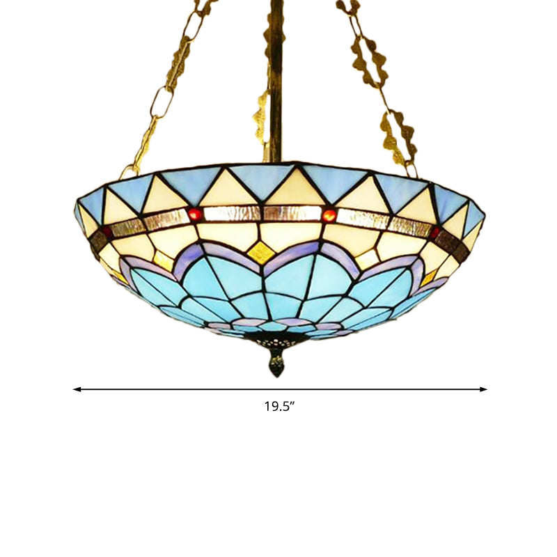 Blue Stained Glass Semi Flush Ceiling Fixture - Retro Style For Coffee Shop