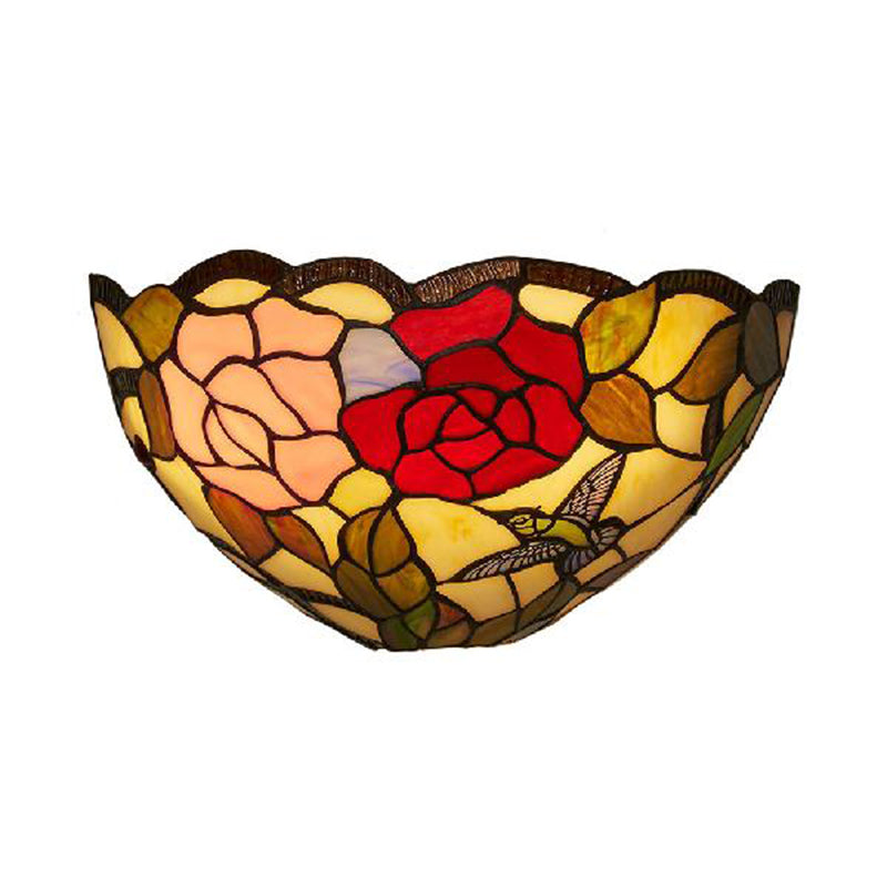 Stained Glass Lodge Tiffany Wall Lamp With Rose Pattern And Bowl Shade