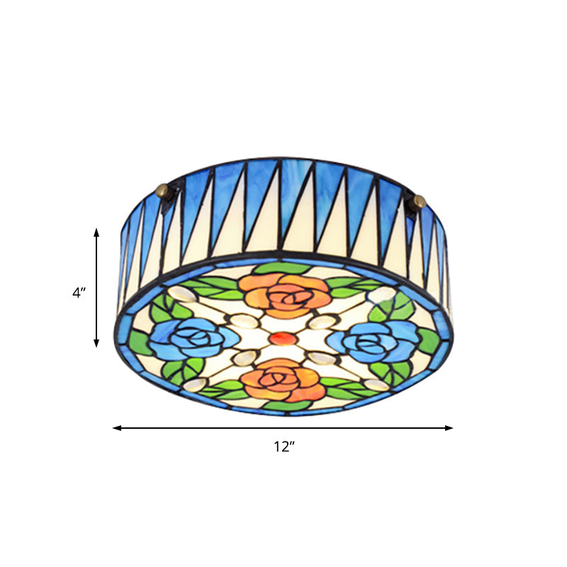 Lodge Ceiling Light: Rose Pattern With Blue Glass Lampshade