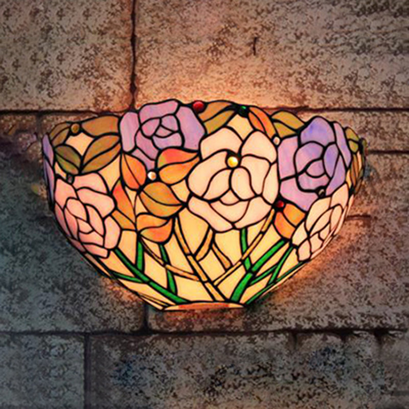 Tiffany Lodge Stained Glass Wall Sconce - Blue And Pink Outdoor Light With Flowers Design