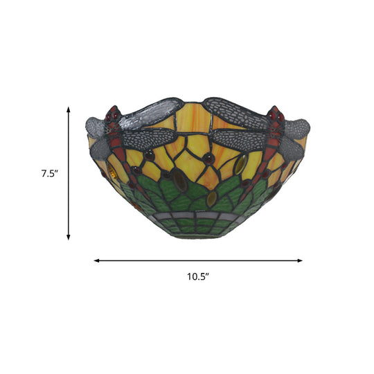 Dragonfly Bowl Shade Wall Light - Rustic Stained Glass Sconce Lighting