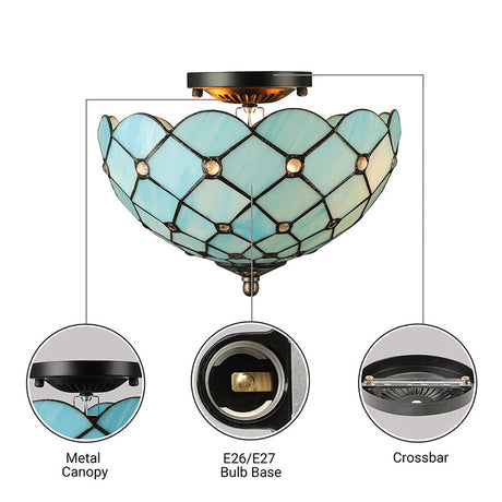 Tiffany Stained Glass Bowl-Shaped Flushmount Ceiling Light - Beige/Black 1/2 Lights
