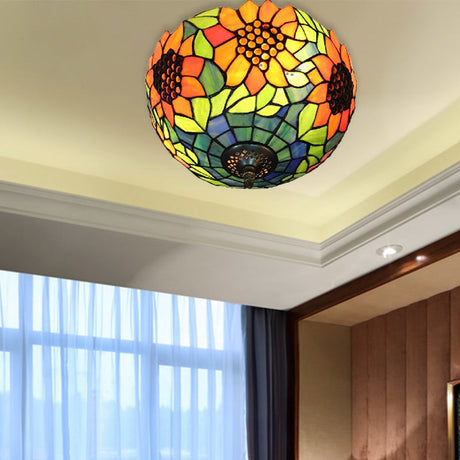 Orange Bowl Stained Glass Ceiling Light Fixture - Splendid Flushmount With Flower Pattern For Living