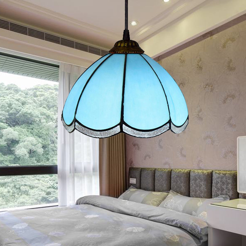 Tiffany Scalloped Down Mini Pendant Ceiling Lamp - Light Blue Glass Suspension For Living Room