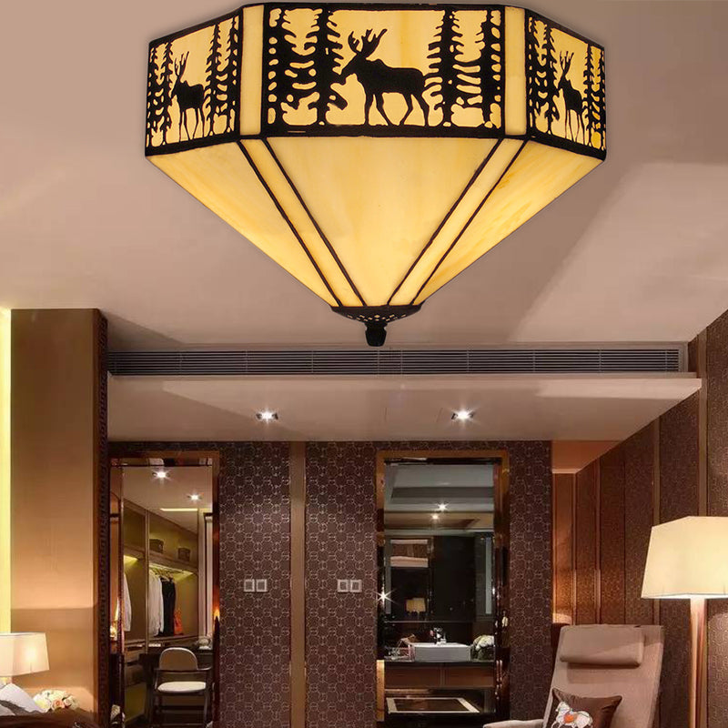 Retro Style Geometric Stained Glass Flush Mount Ceiling Light In White - Elegant 1/2 Flushmount /