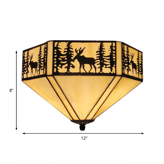 Retro Style Geometric Stained Glass Flush Mount Ceiling Light In White - Elegant 1/2 Flushmount