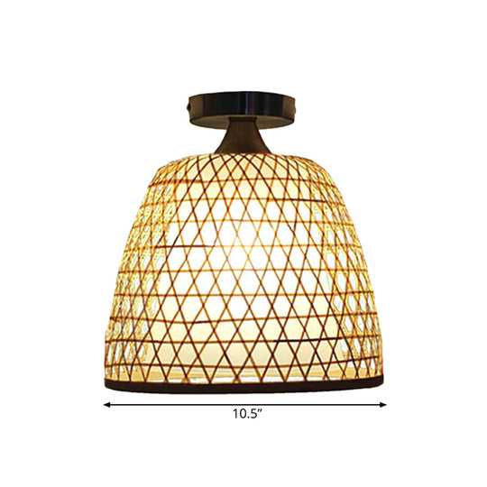 Lodge Style Bamboo Bucket Shade Semi Flush Light - Stylish Beige Ceiling Lighting For Corridor