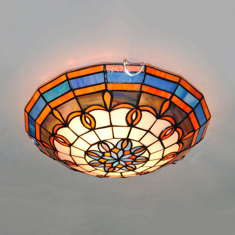 Baroque Stained Glass Flushmount Light: Blue/Yellow Bowl Ceiling Light For Living Room Blue