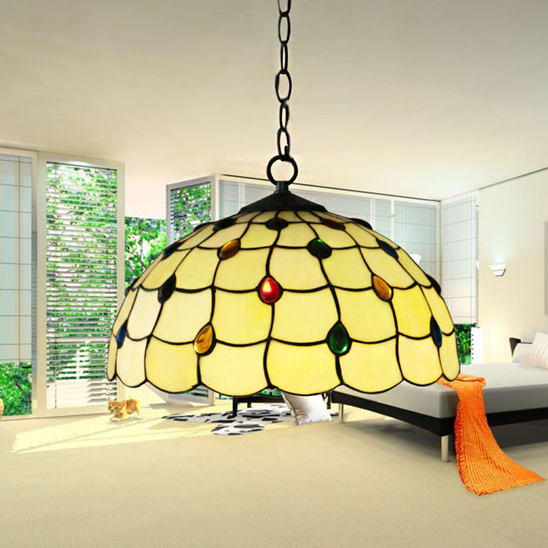 Tiffany-Style Stained Glass Pendant Lamp – Elegant 1-Head White Fixture With Jewel For Bathrooms