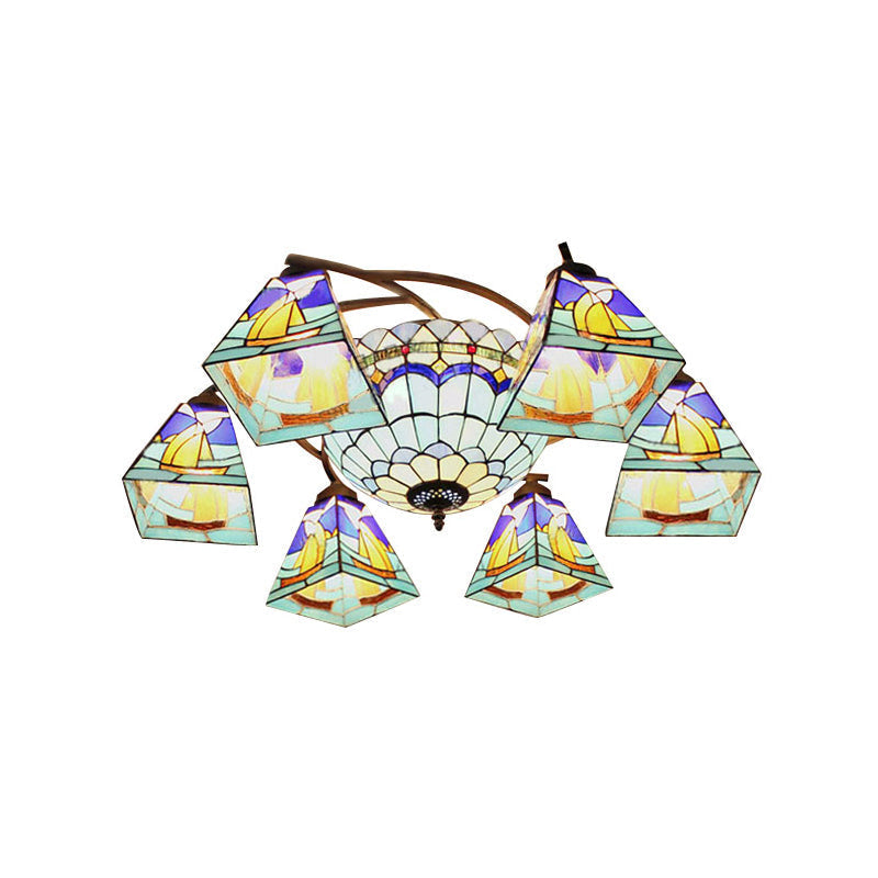 Colorful Lodge Geometric Chandelier Light: Stained Glass Inverted Yellow And Blue Pendant For
