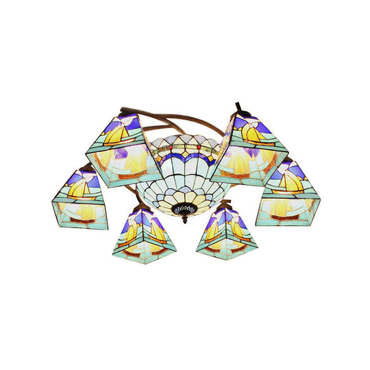 Colorful Lodge Geometric Chandelier Light: Stained Glass Inverted Yellow And Blue Pendant For