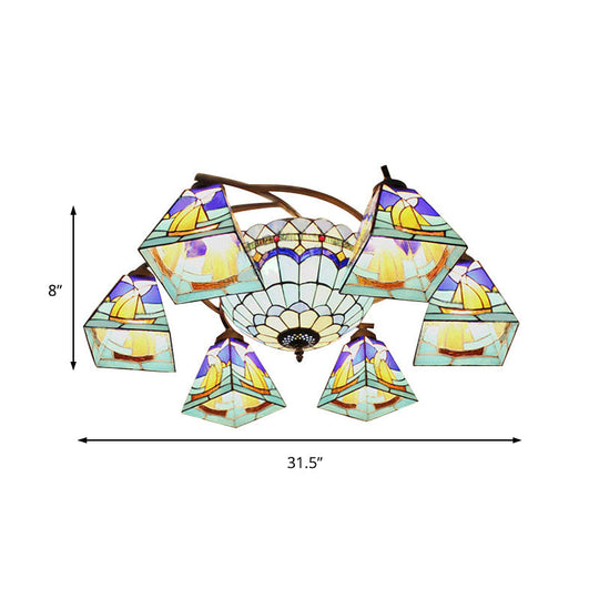 Colorful Lodge Geometric Chandelier Light: Stained Glass Inverted Yellow And Blue Pendant For