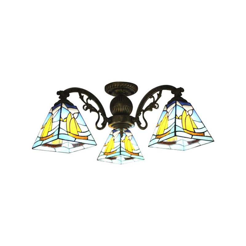 Colorful Lodge Geometric Chandelier Light: Stained Glass Inverted Yellow And Blue Pendant For