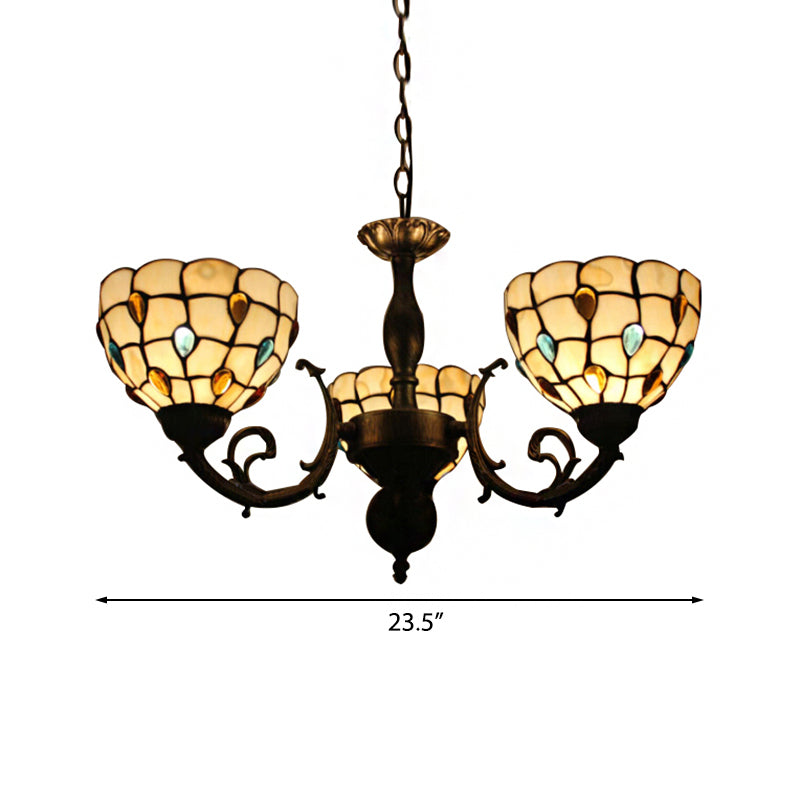 Tiffany Stained Glass Bowl Hanging Light - 3 Lights Chandelier With Jewel Pattern For Bedroom
