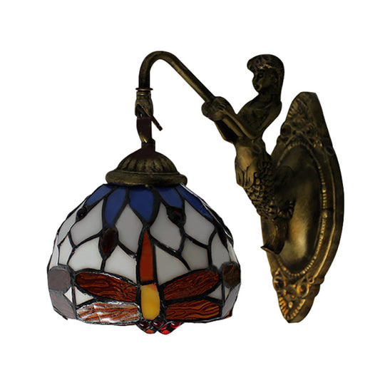Dragonfly Tiffany Wall Sconce - Antique Brass With White Glass Head