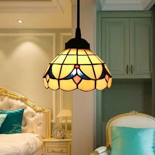 Beige Tiffany Cut Glass Flower Hanging Light Fixture With 1 - Perfect Pendant For Bedroom