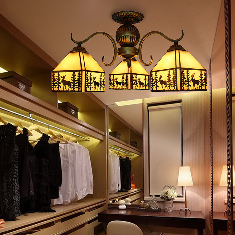 Small Tiffany Style Stained Glass Chandelier In Beige