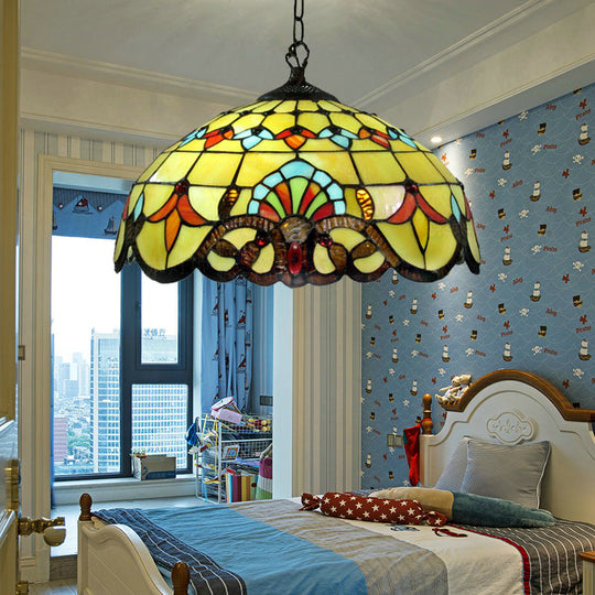 Yellow Stained Glass Pendant Lamp For Dining Room With 1 Light