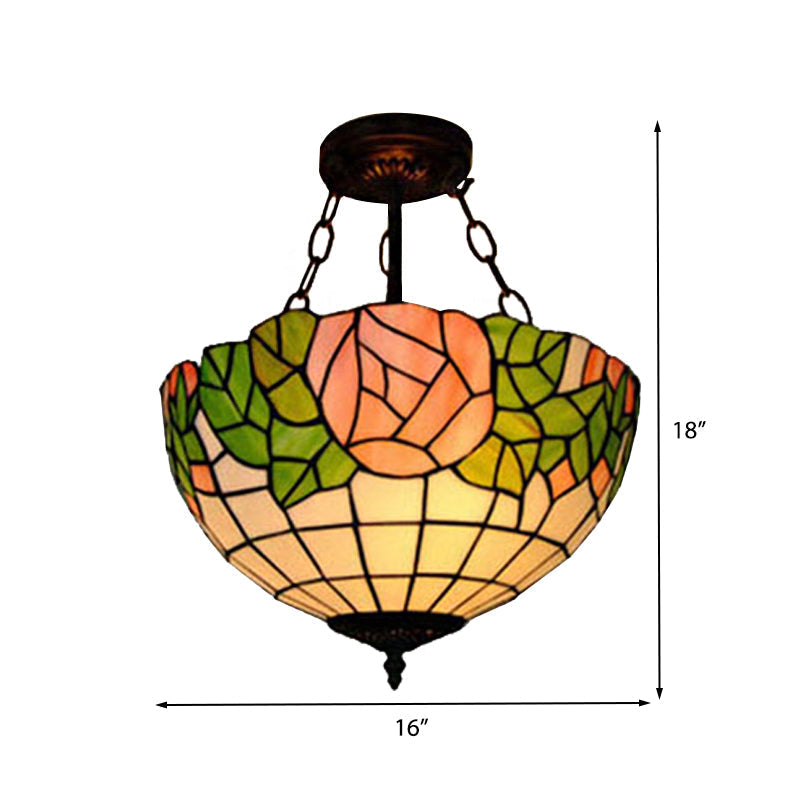 Tiffany Style Pink Glass Pendant Light - 2/3 Lights Bowl Suspended Fixture For Living Room