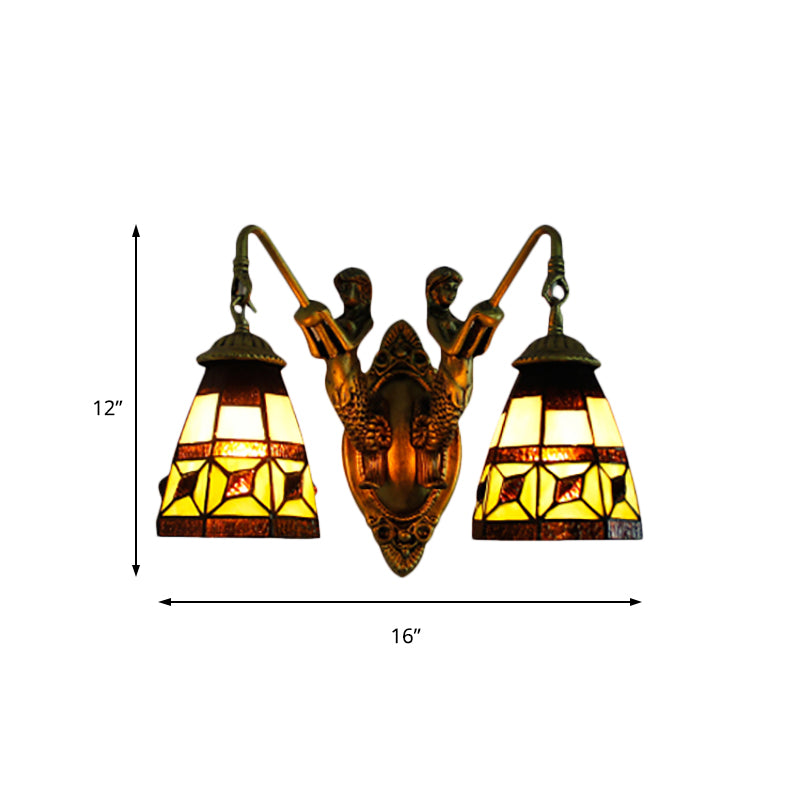 Tiffany Cone Beige Glass Wall Sconce - Antique Brass Finish Dual-Headed Lighting Fixture