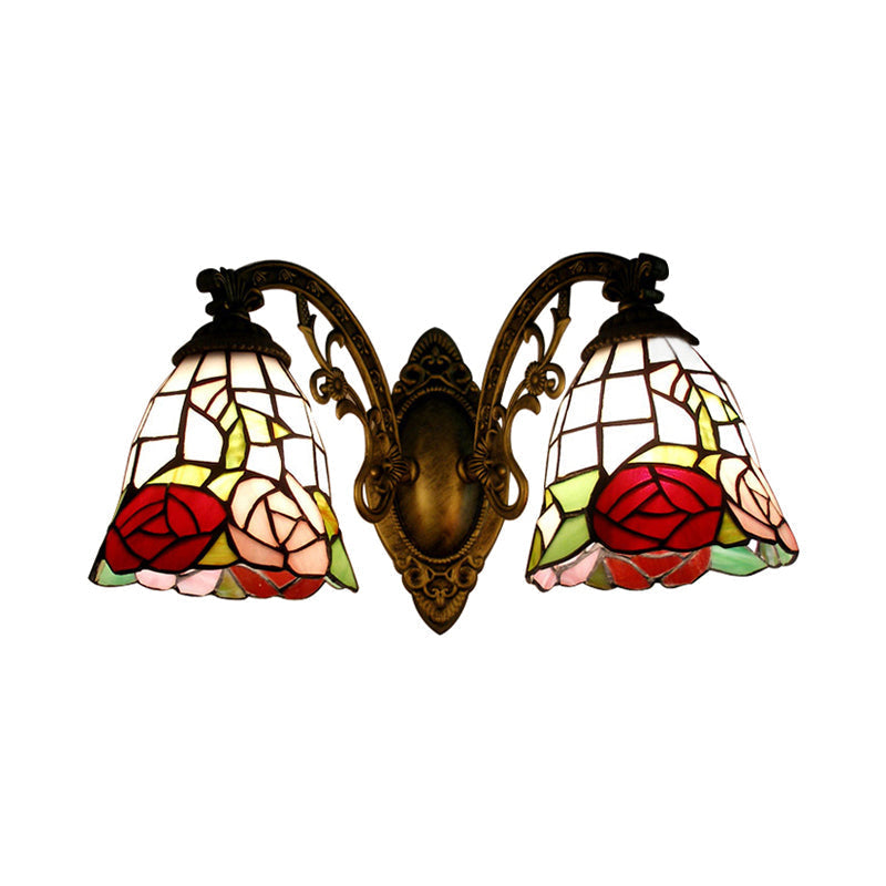 Tiffany Style Rose Pattern Wall Sconce - Stained Glass 2-Light Fixture In Bronze Finish