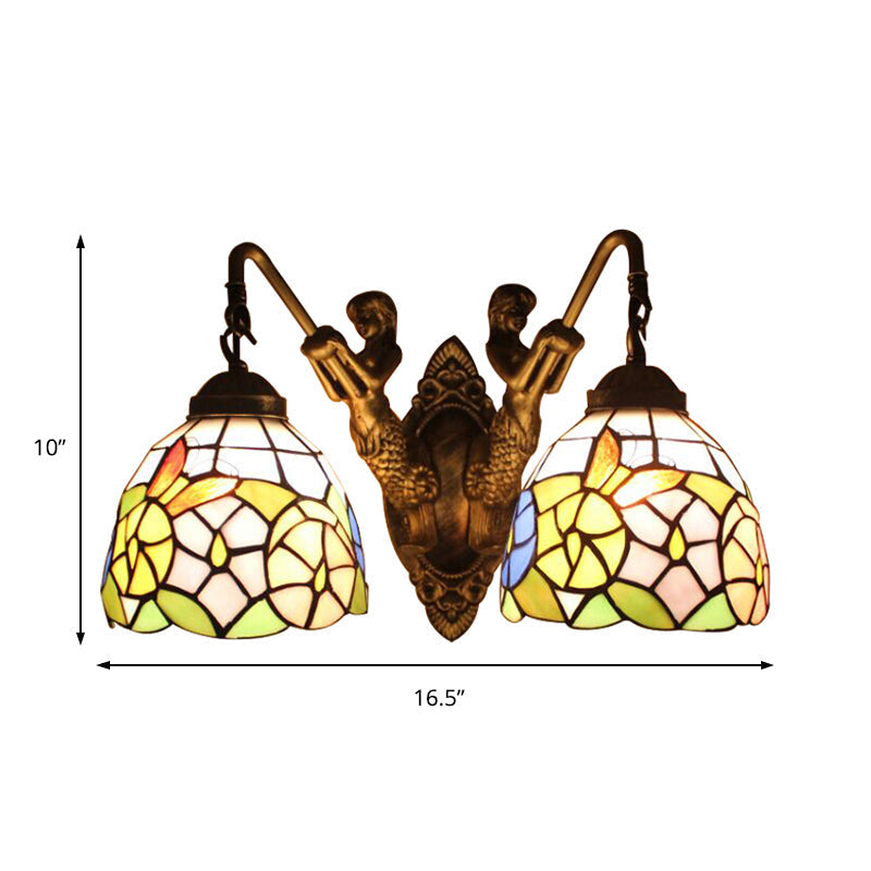 Tiffany Dragonfly/Butterfly Multicolor Glass Bowl Wall Mount Light - 2 Head Bronze Sconce