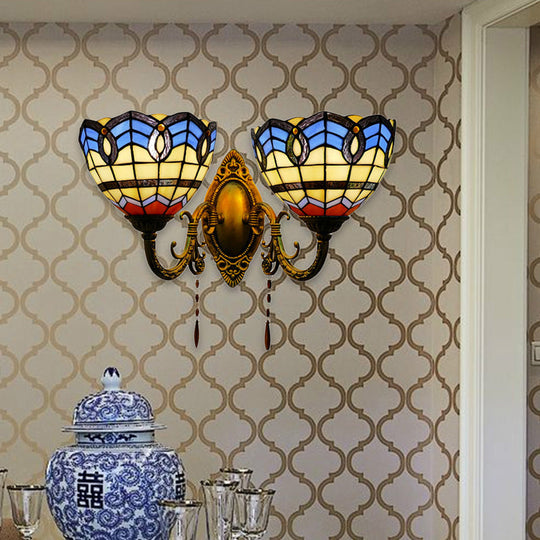 Baroque Bowl Wall Sconce Light Fixture: Stained Glass 2 Lights For Living Room