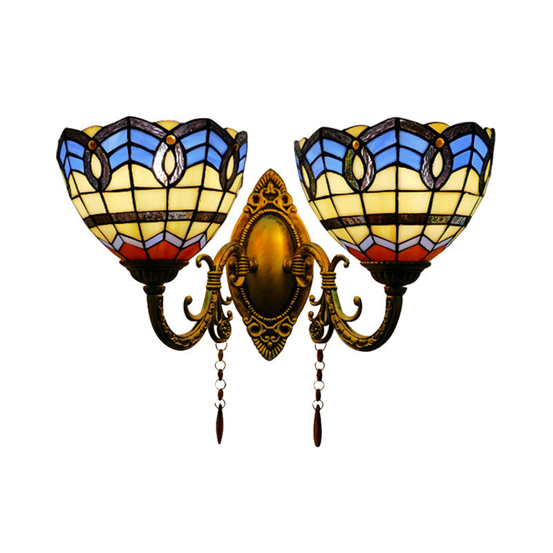 Baroque Bowl Wall Sconce Light Fixture: Stained Glass 2 Lights For Living Room