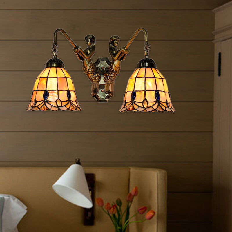 Tiffany Flared Shell Sconce Light With Mermaid Design - 2 Heads Beige Wall Mounted For Bedroom