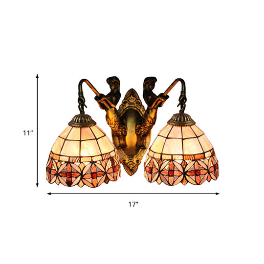 Mermaid Backplate Sconce Light Fixture With 2 Beige Tiffany Bowl Shell Heads