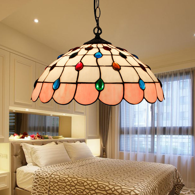 Tiffany Hand Rolled Art Glass Ceiling Light - Single Dome Pendant For Bedroom In Pink/Light
