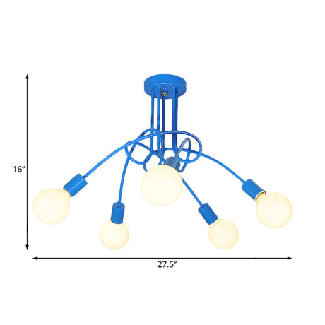 Contemporary Curved Arm Metal Semi Flush Ceiling Lamp - Blue/Red (3/5 Lights)